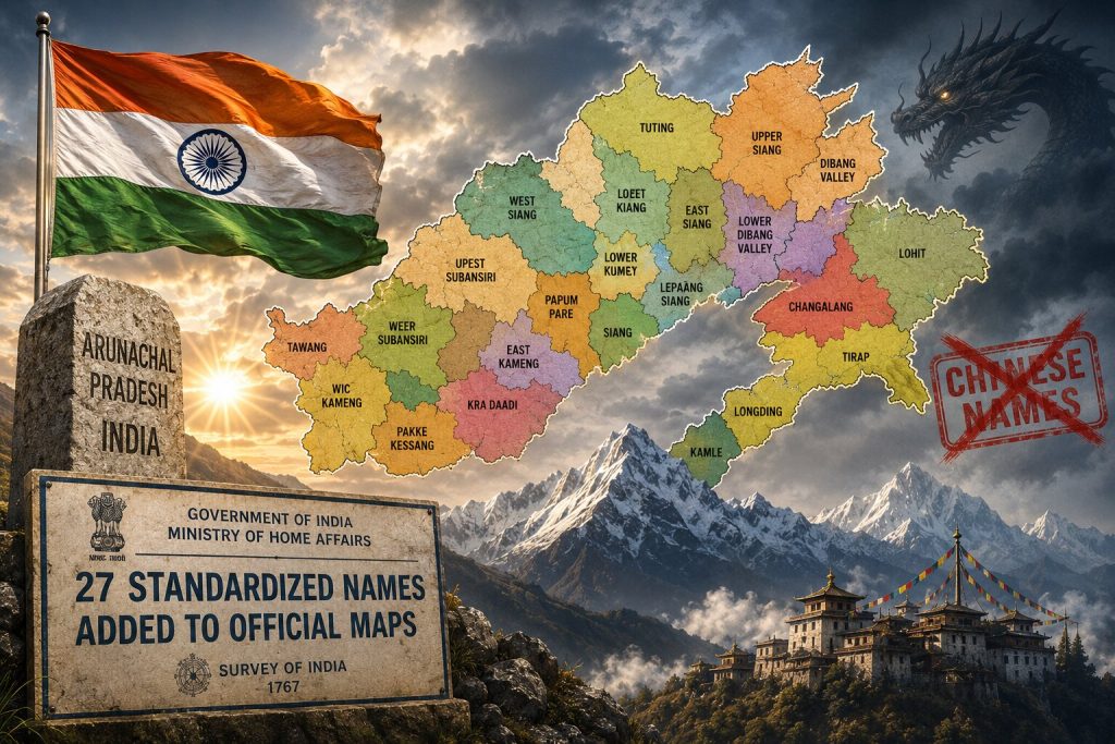 भारत ने अरुणाचल प्रदेश के 27 स्थानों और भौगोलिक विशेषताओं को Survey of India के आधिकारिक नक्शों में दर्ज किया, चीन की नाम बदलने की कोशिशों का जवाब।
